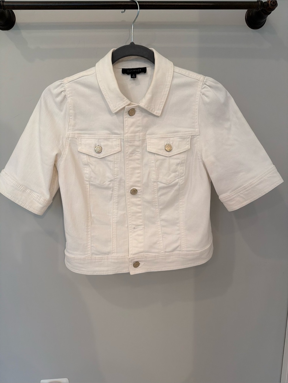 Cropped White Denim Jacket - Short Sleeve Button Front